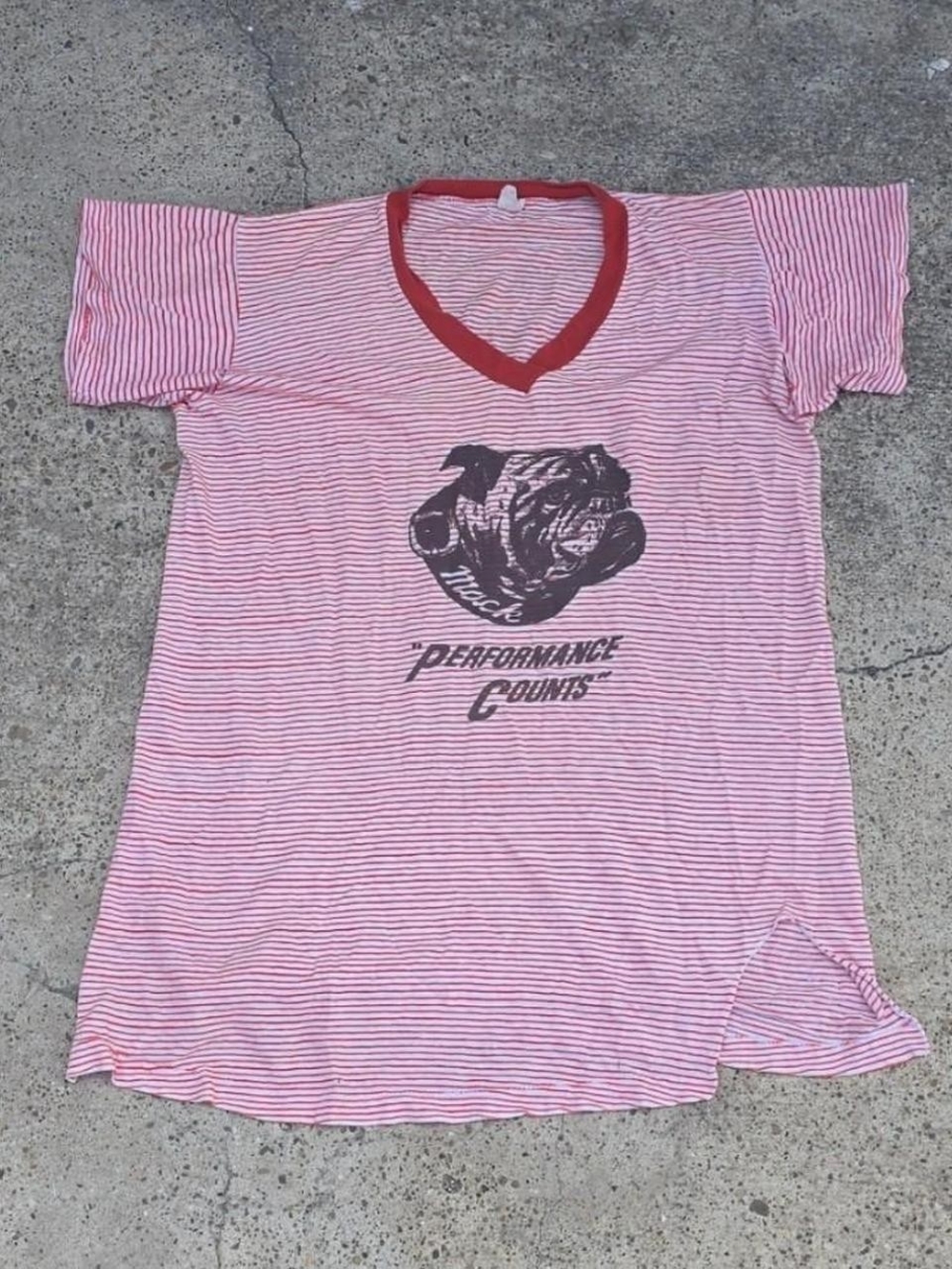 vintage 1970s Mack Trucks "Performance Counts" red and white striped ringer t-sh